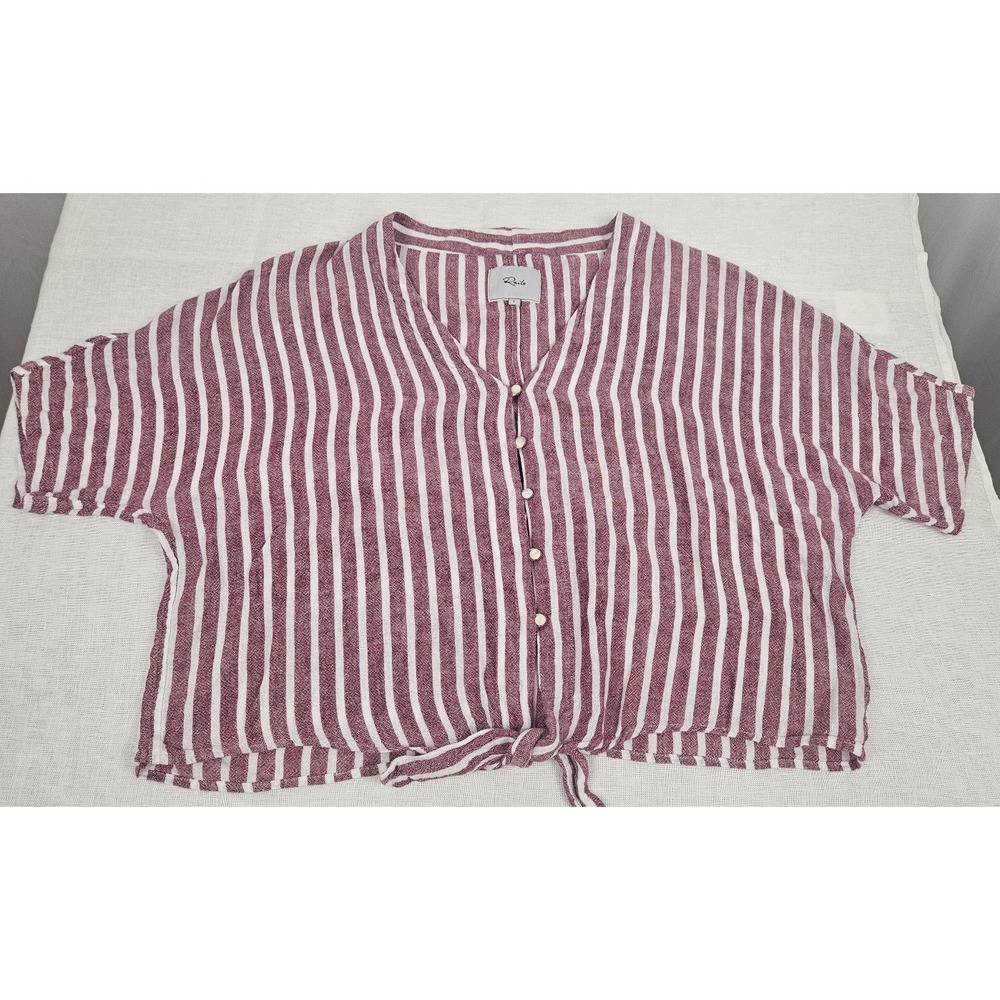 RAILS Thea Tie Front Button Up Blouse-Linen Blend-Mauve Seville Stripe- Size L